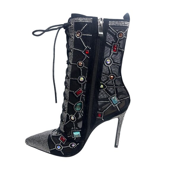 Azalea Wang Diamond Dream Lace Up Gem Black Mesh Jewel Booties Size 8 Ladies - Picture 14 of 16